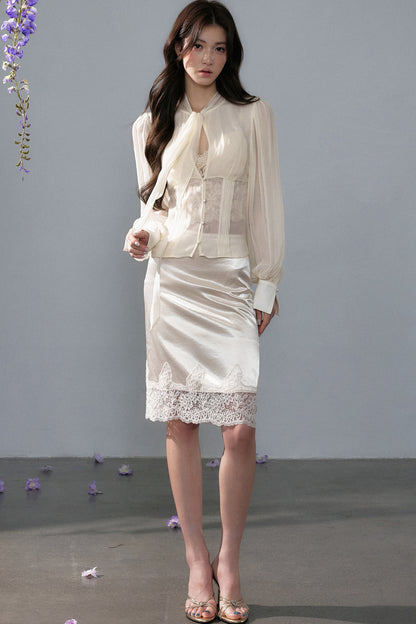 Tencel Long Sleeve Chiffon Cardigan and Skirt Set-Up