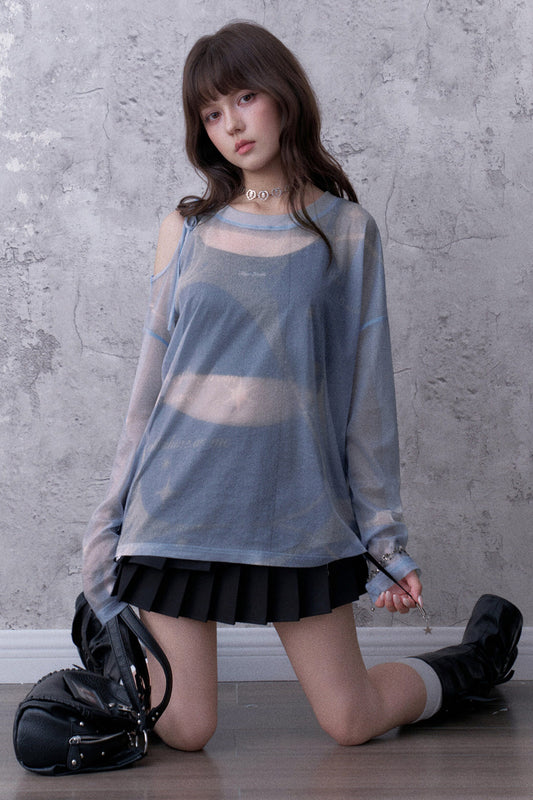 Blue Sparkling Mesh Sweatshirt Style Top