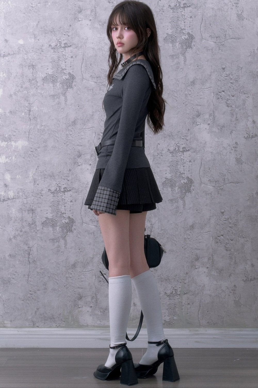 Gray Large Lapel Ruched Patchwork Blouse