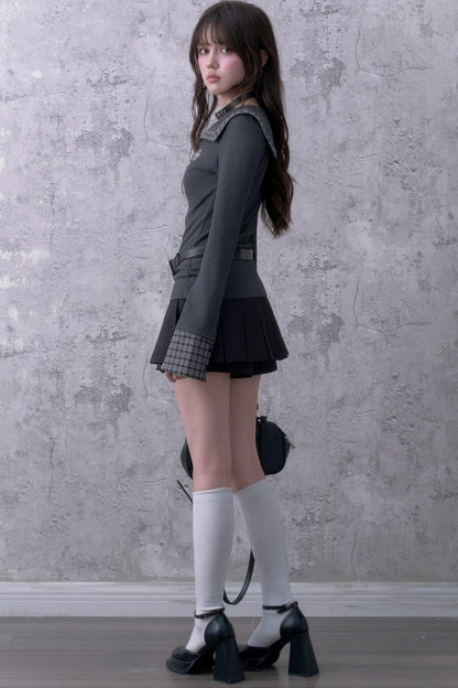 Gray Large Lapel Ruched Patchwork Blouse