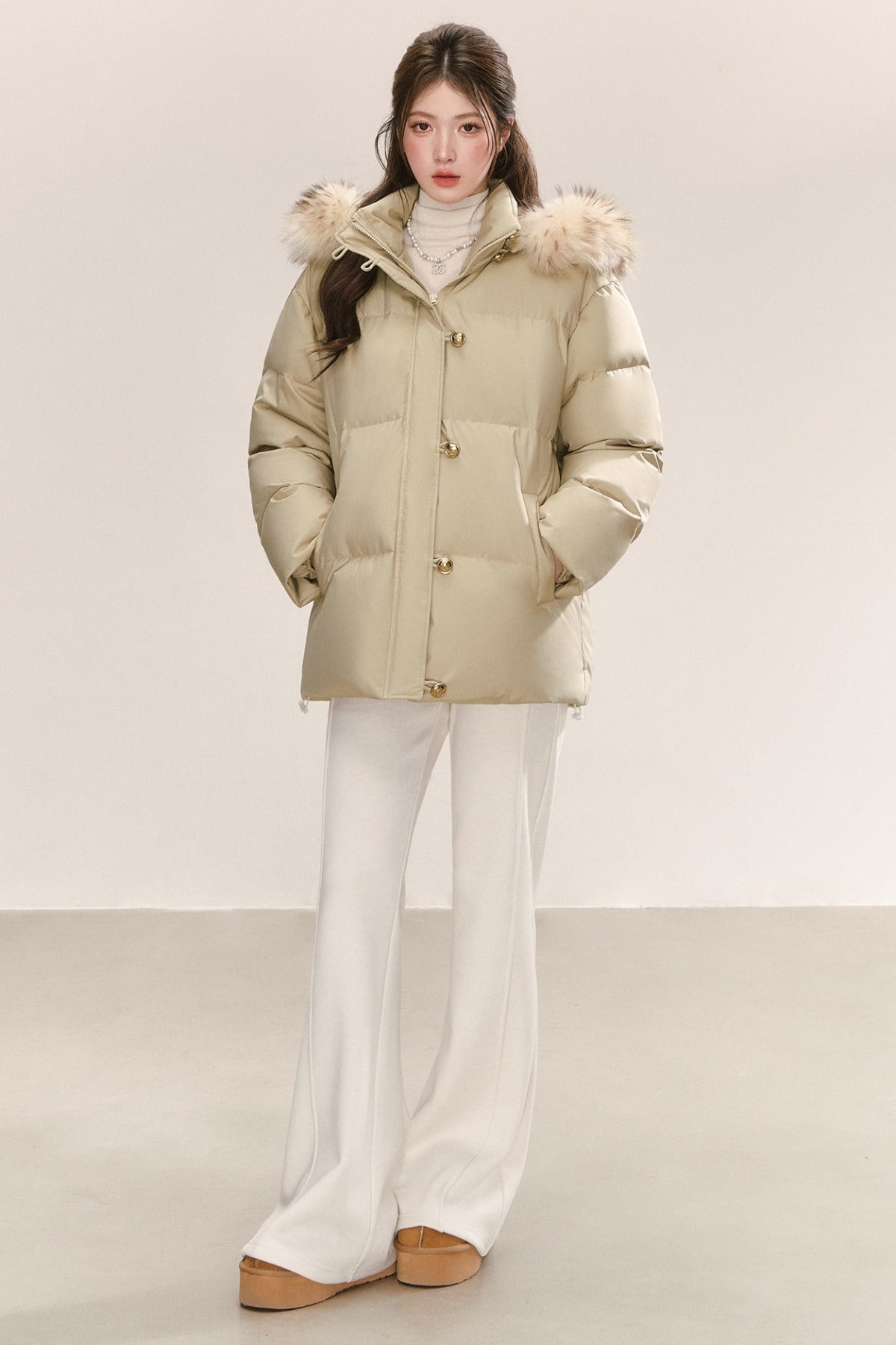 Detachable Raccoon Fur Collar Hooded Down Jacket