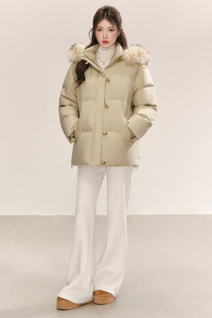 Detachable Raccoon Fur Collar Hooded Down Jacket