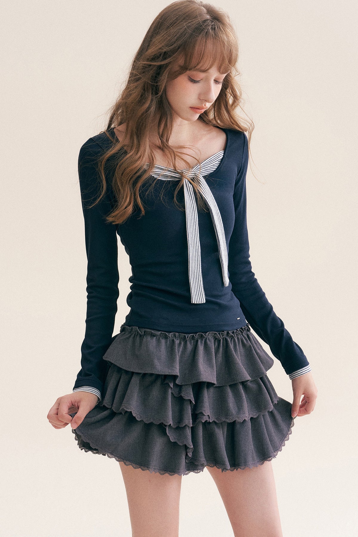 Striped Tie Square Neck Long-Sleeve T-Shirt