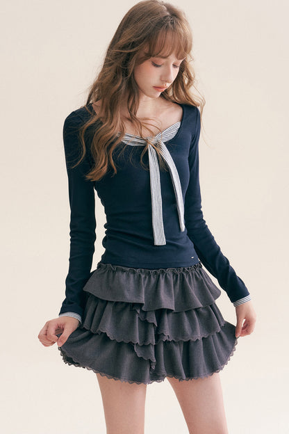 Striped Tie Square Neck Long-Sleeve T-Shirt