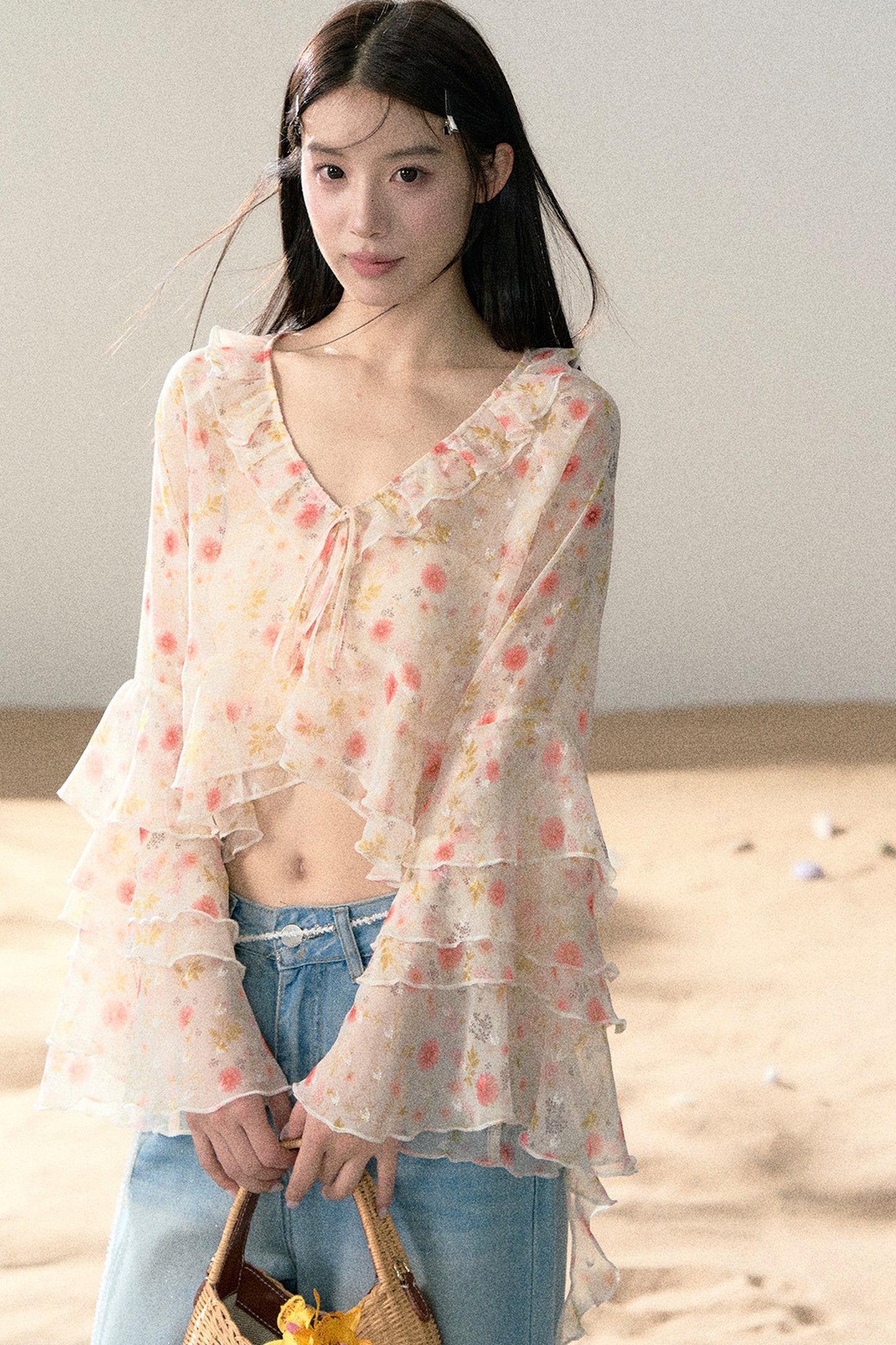 Floral Chiffon Ruffle Blouse