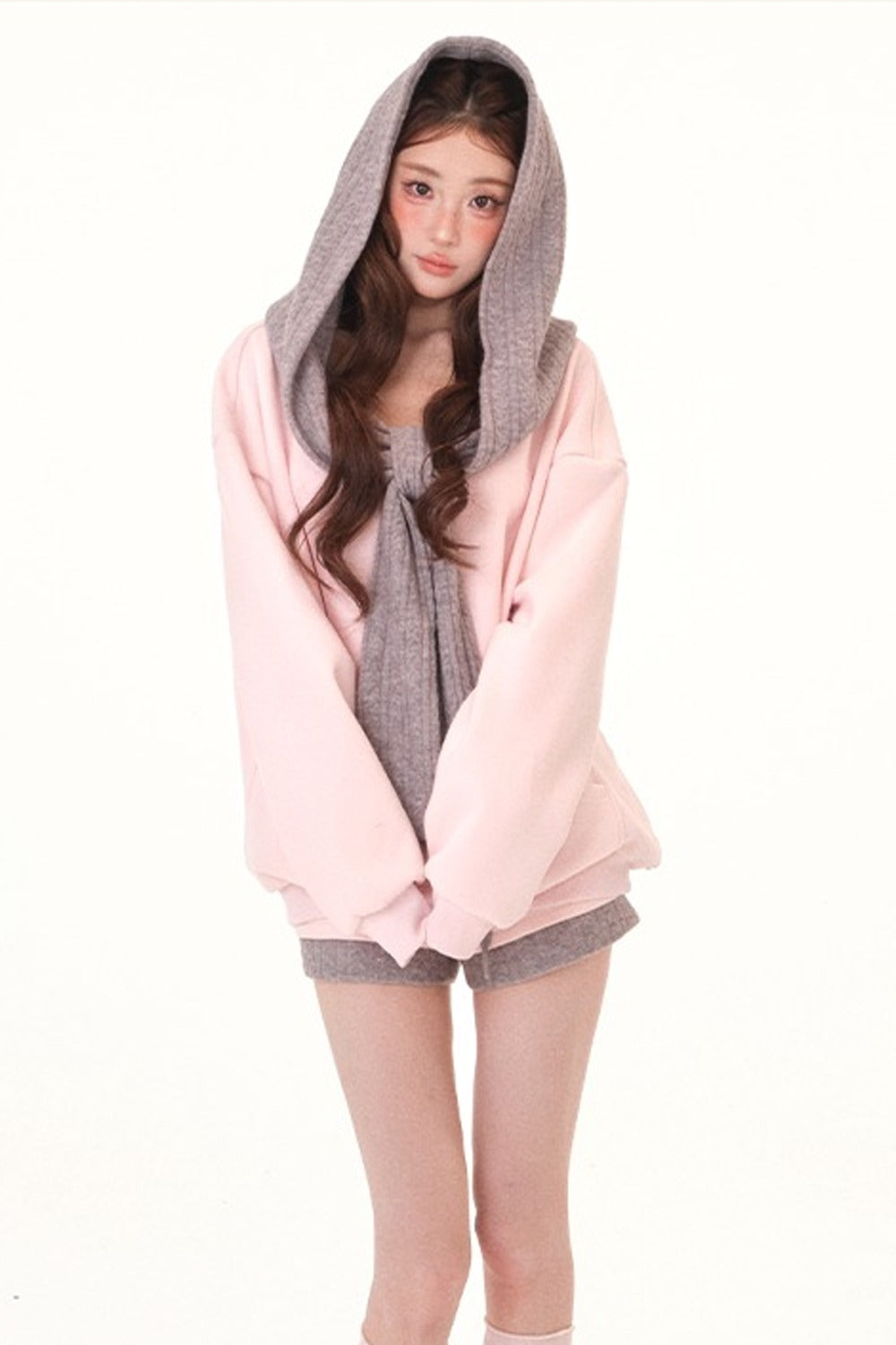 Loose Hooded Sweatshirt and Shorts Set-Up