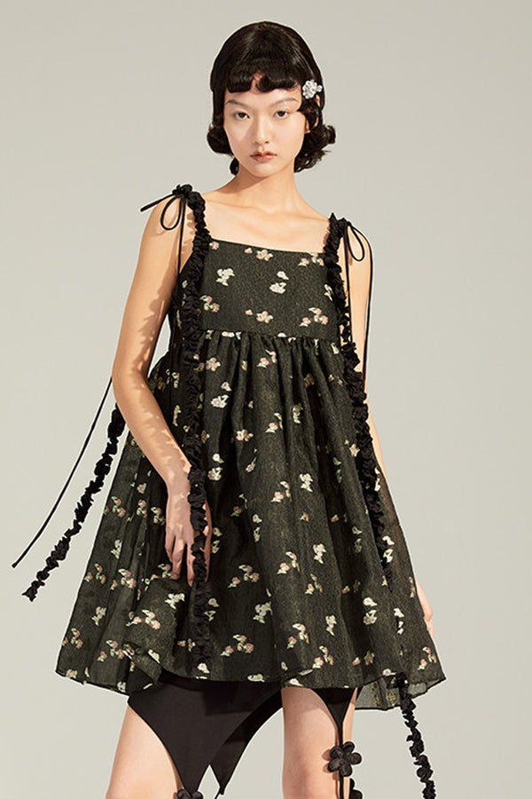 Floral Jacquard Ruffle Strap Dress