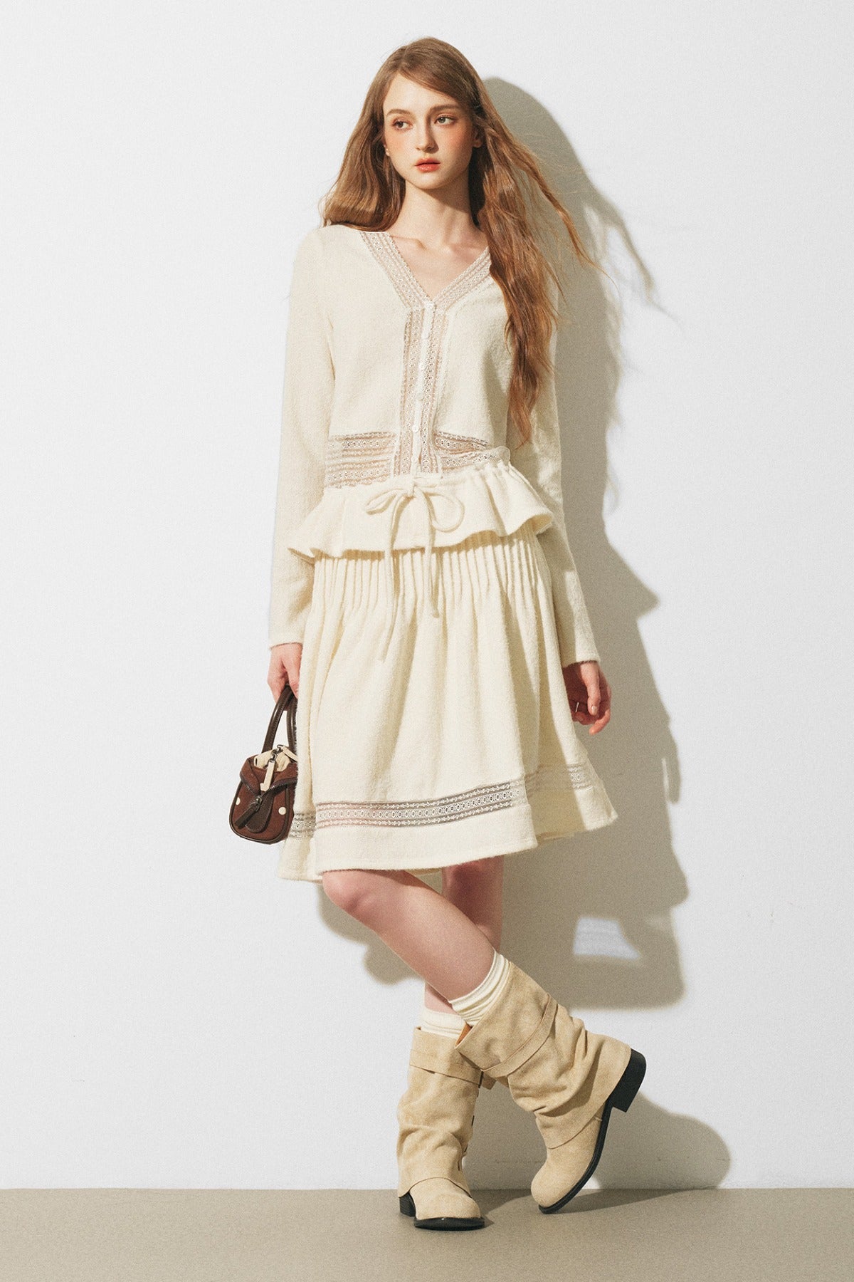 Lace Spliced Knit Cardigan and Skirt Set-Up