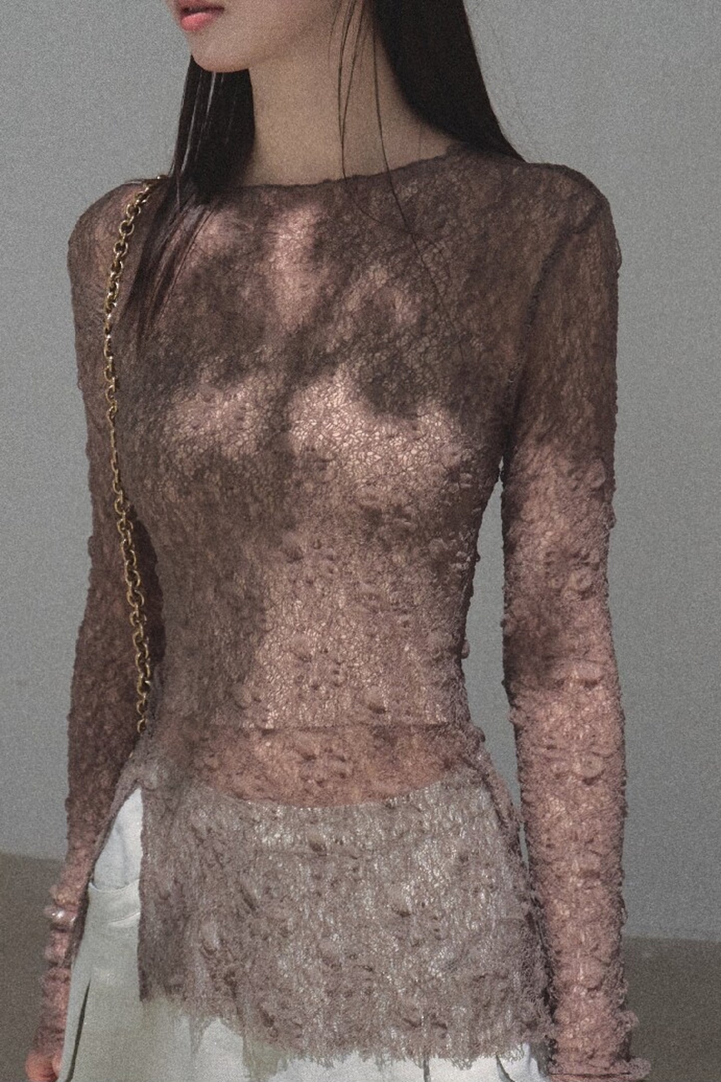 Silver Textured Knit Lace Blouse