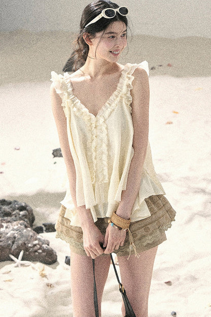 French Ruffled V-Neck Blouse