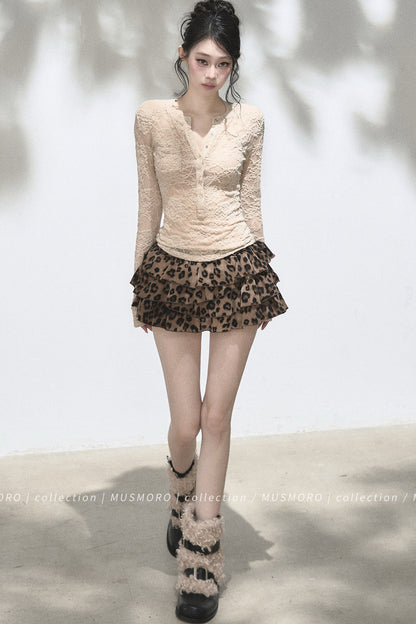 Leopard Print Ruffle A-Line Skirt