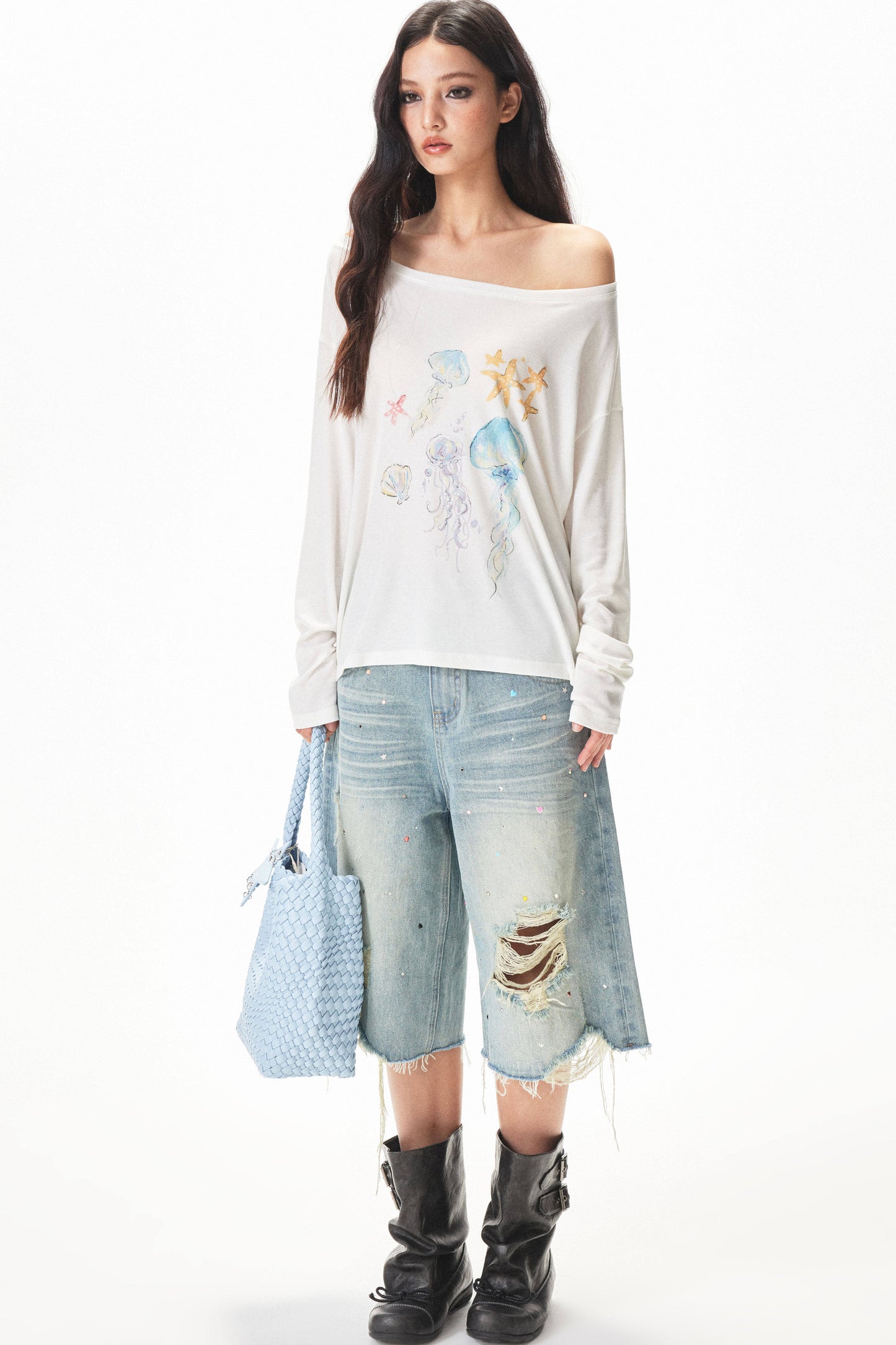 Watercolor Print Off-shoulder Long Sleeve Top