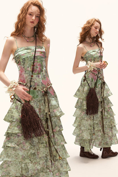 Green Floral Strapless Dress