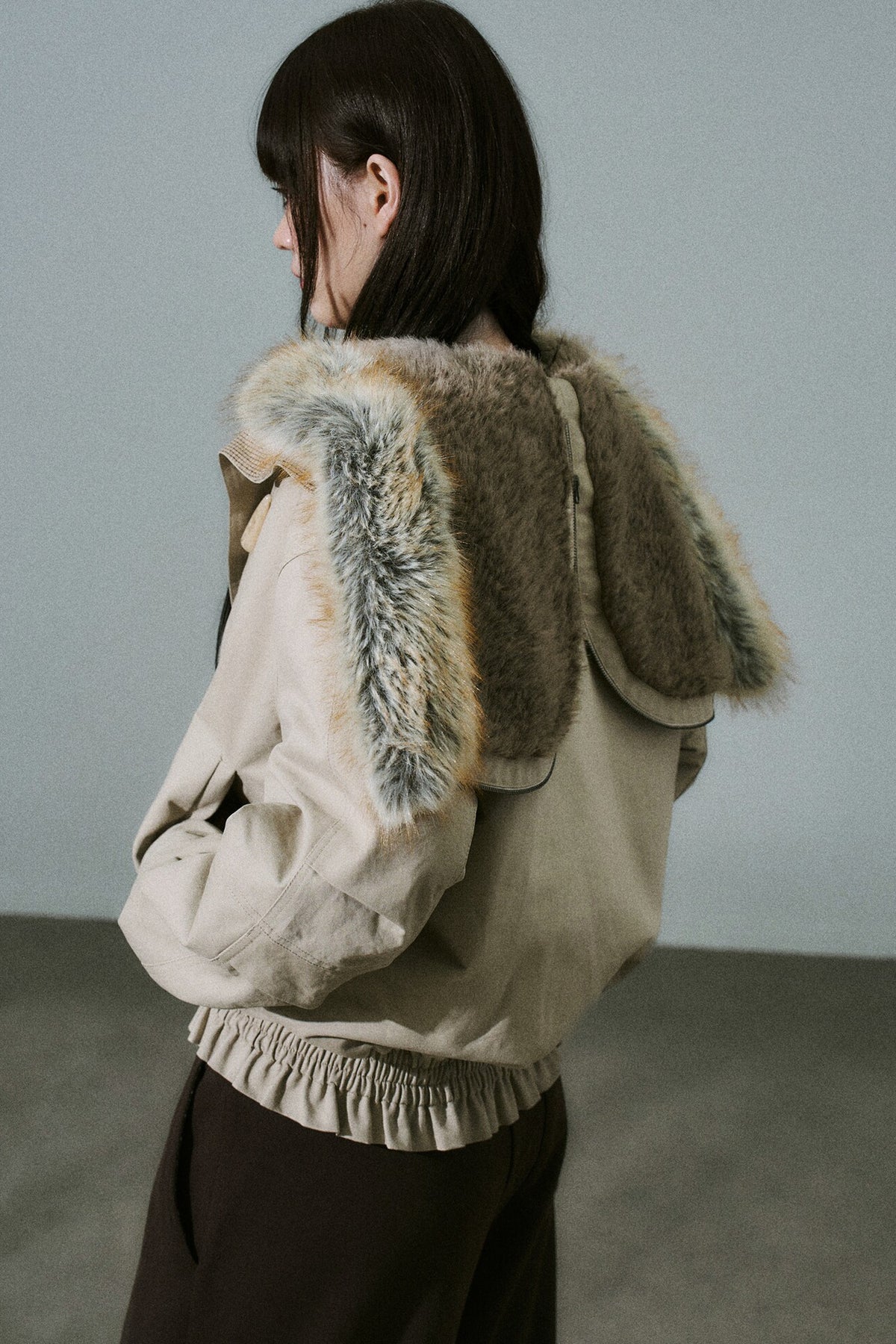 Horn Button Plaid Fur Collar Jacket