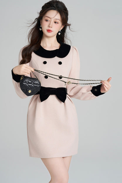Pink Woolen Cinched Waist Dress