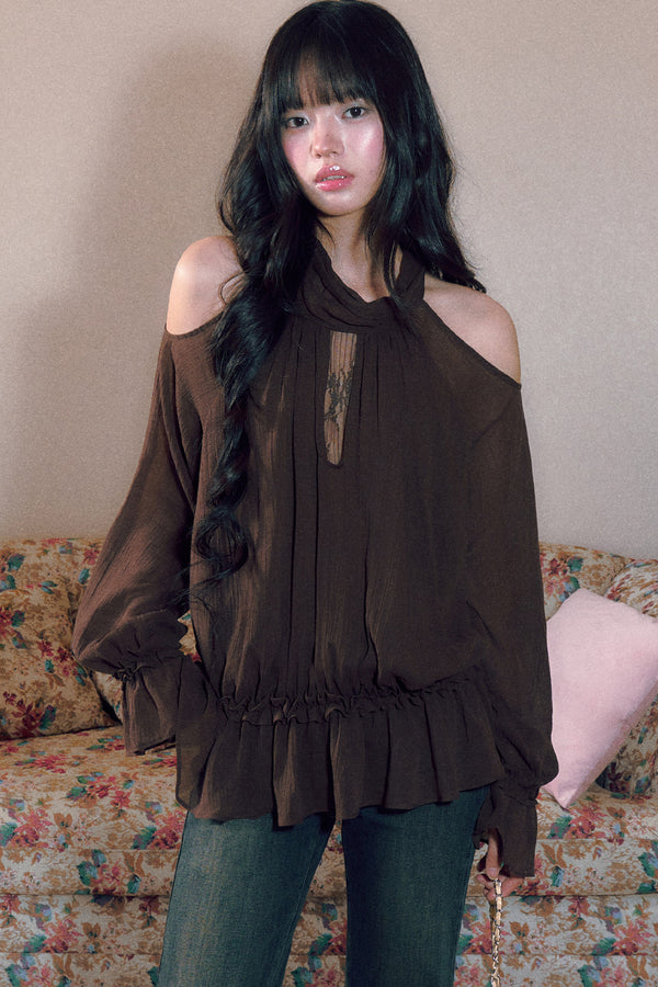 Retro Halterneck Off-Shoulder Ruffle Blouse