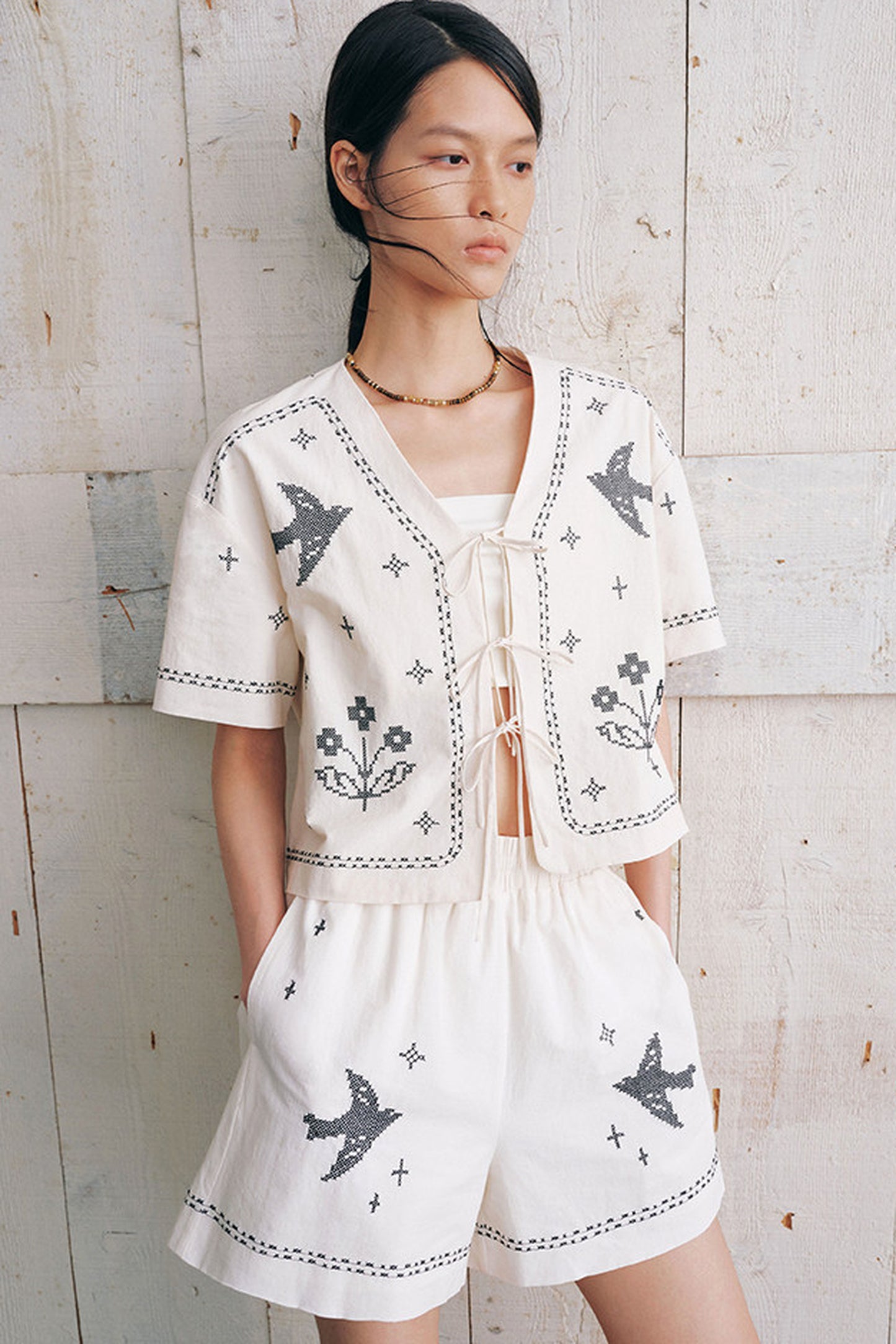Bird Embroidered Cotton Linen Cardigan Set-Up