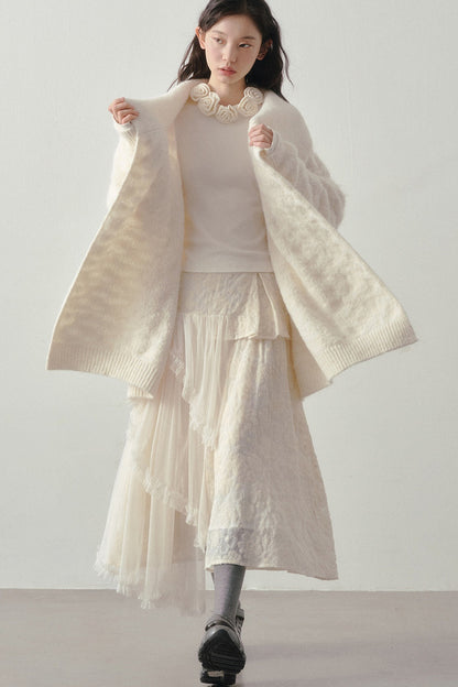 Beige Thick-Knit Loose Mid-Length Cardigan