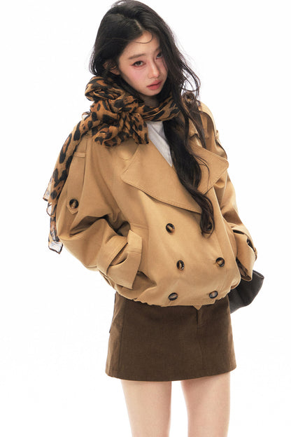 Khaki Double-Breasted Trench Coat and Skirt Set-Up