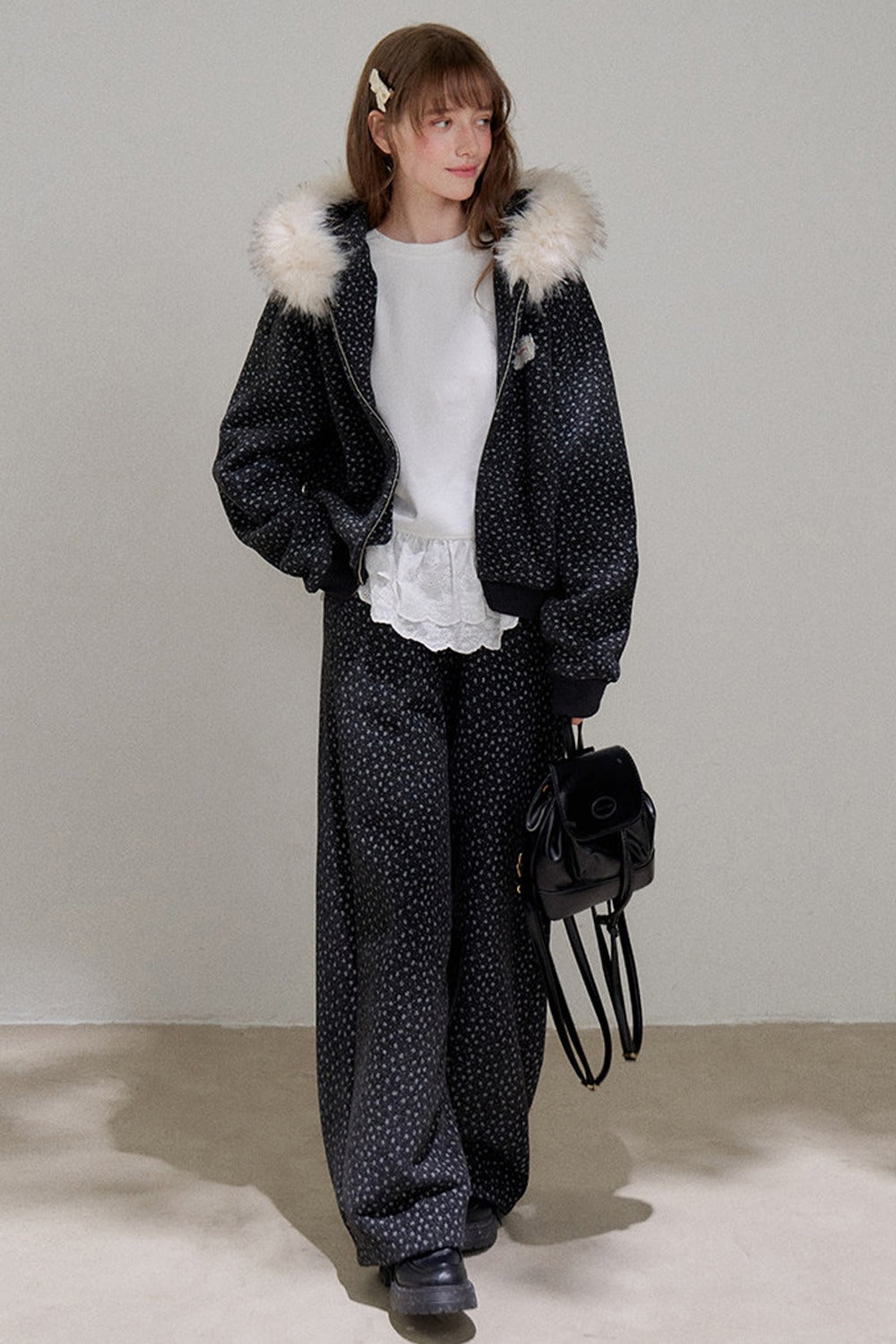 Floral Fur Collar Padded Jacket and Pants