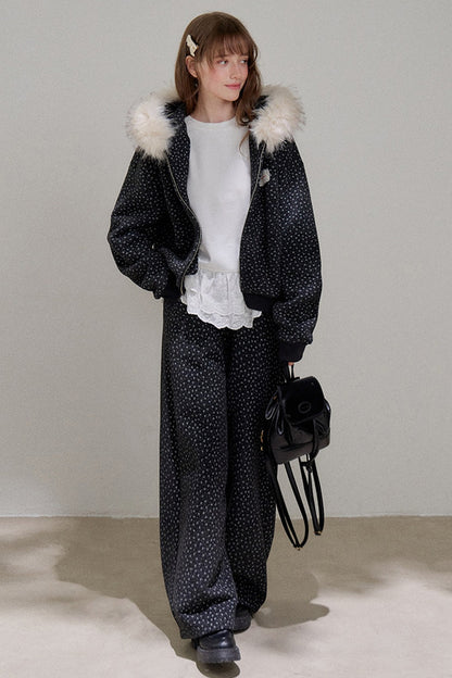 Floral Fur Collar Padded Jacket and Pants