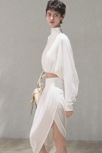 Irregular High-Waisted White Slit Skirt