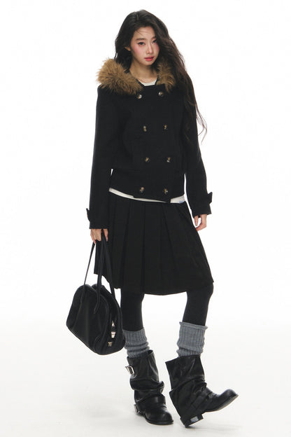 Wool Double-Breasted Fur Collar Coat Set-Up