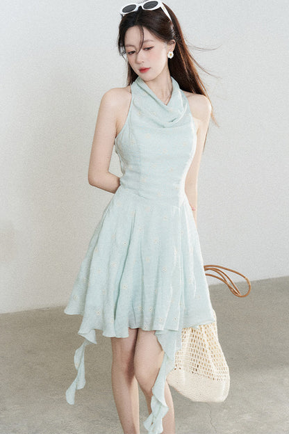 Halter Neck Sleeveless Irregular Hem Ruffle Dress