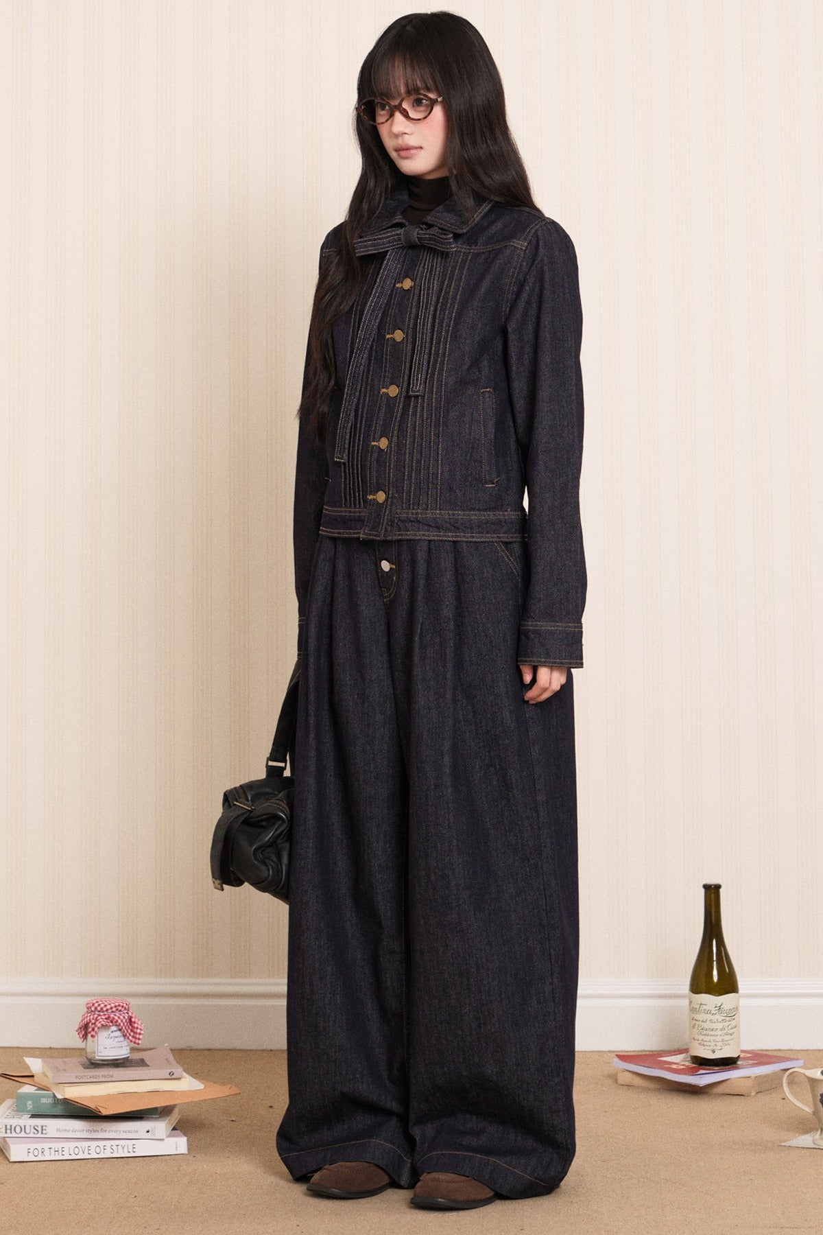Washed Denim Lapel Tie Jacket