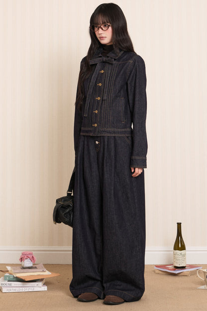 Washed Denim Lapel Tie Jacket