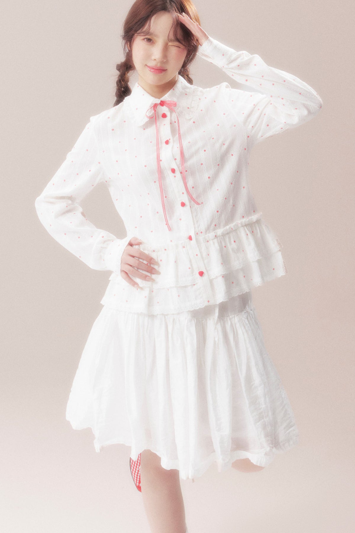 Bow Polka Dot Shirt and Skirt Set-Up