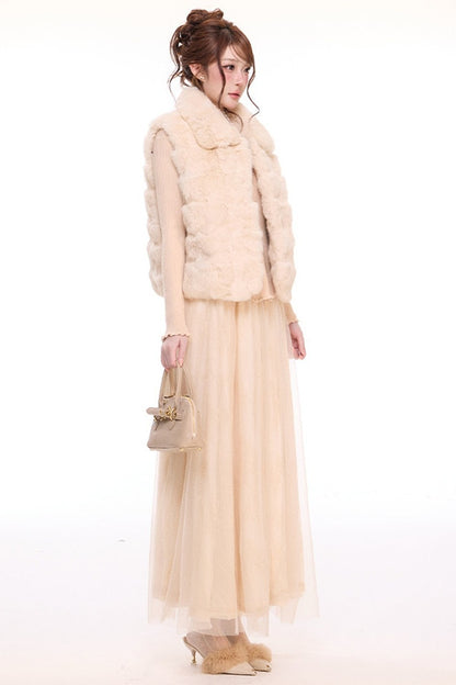 Rabbit Fur Vest and Knitted Sweater Cake Skirt Set-Up