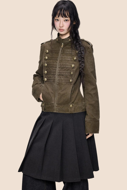 Double-Breasted Stand-Up Collar Short Denim Jacket