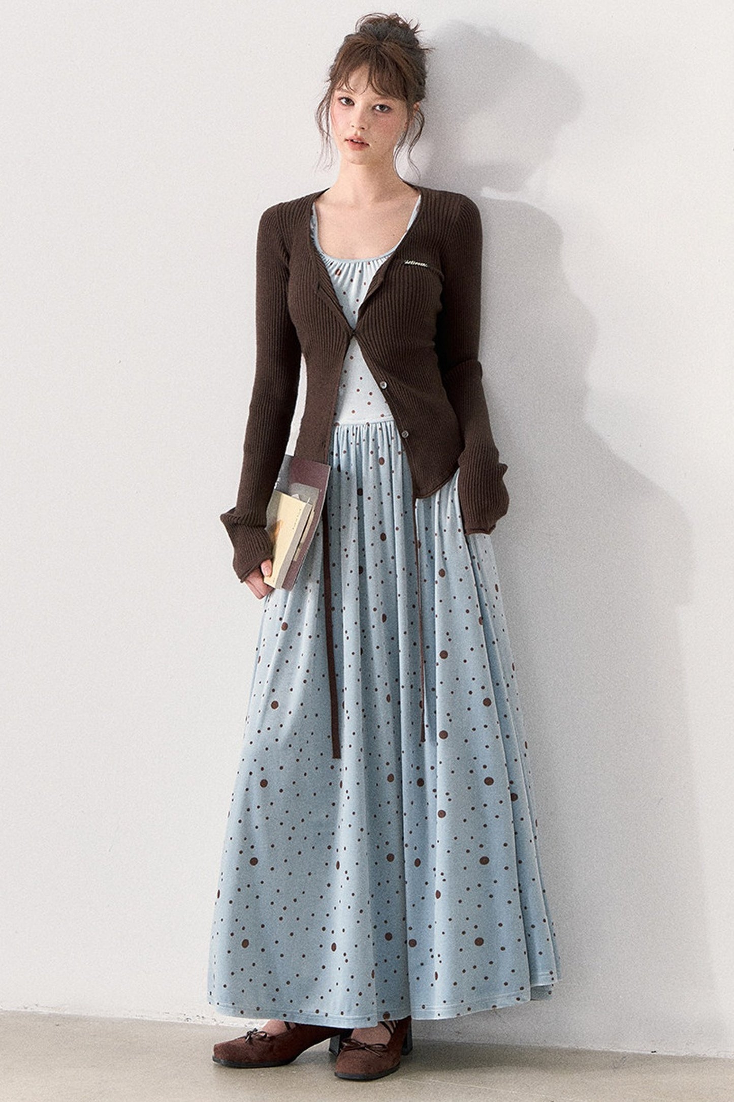 Slim Fit Polka Dot Dress and Knit Cardigan