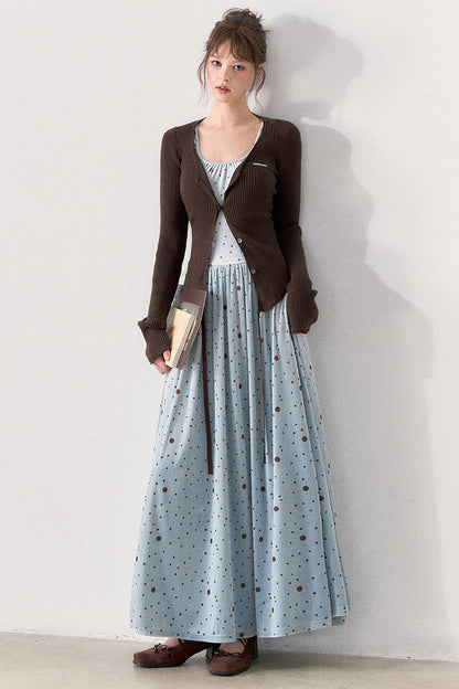 Slim Fit Polka Dot Dress and Knit Cardigan