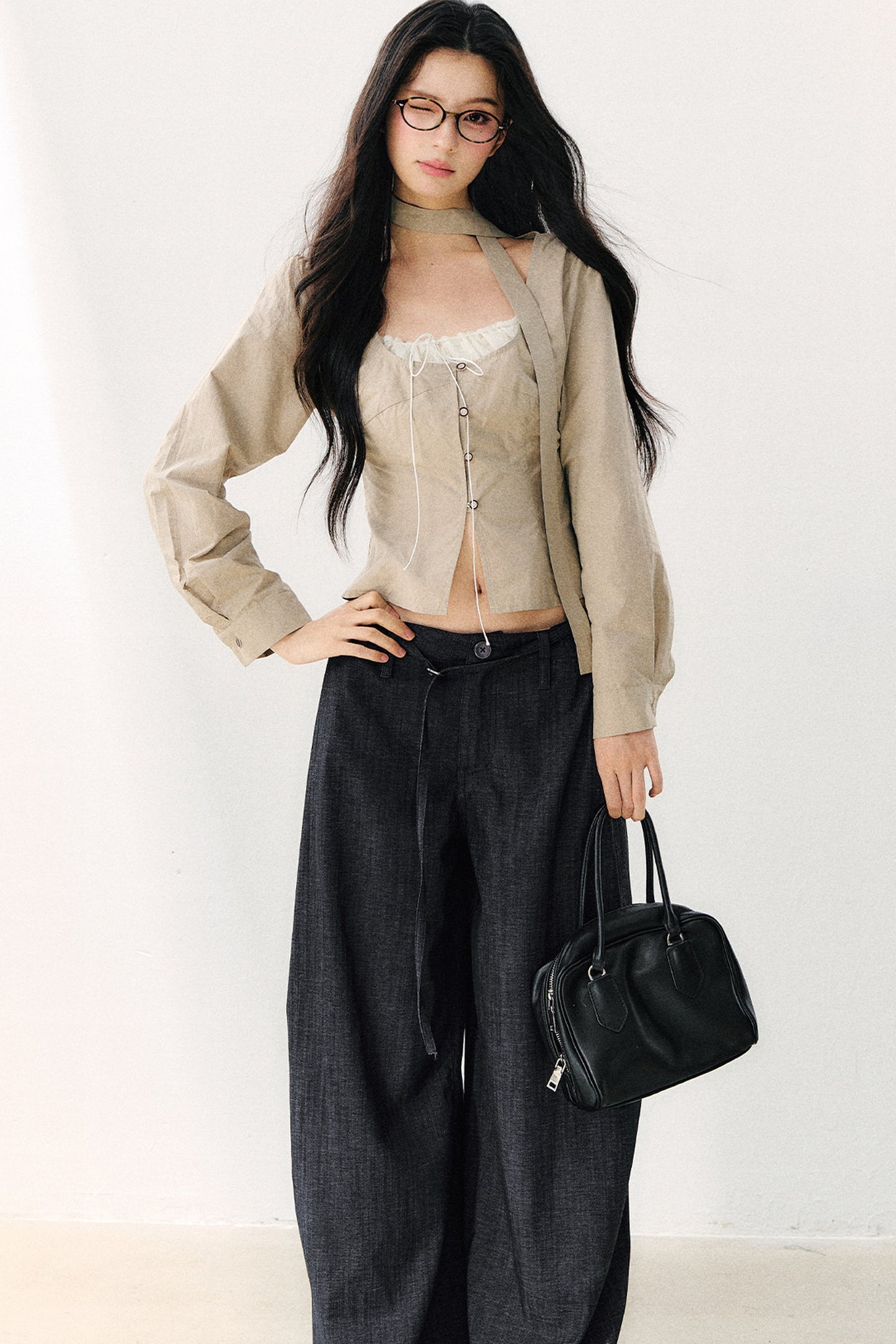 Halter Neck Ribbon Patchwork Long Sleeve Top