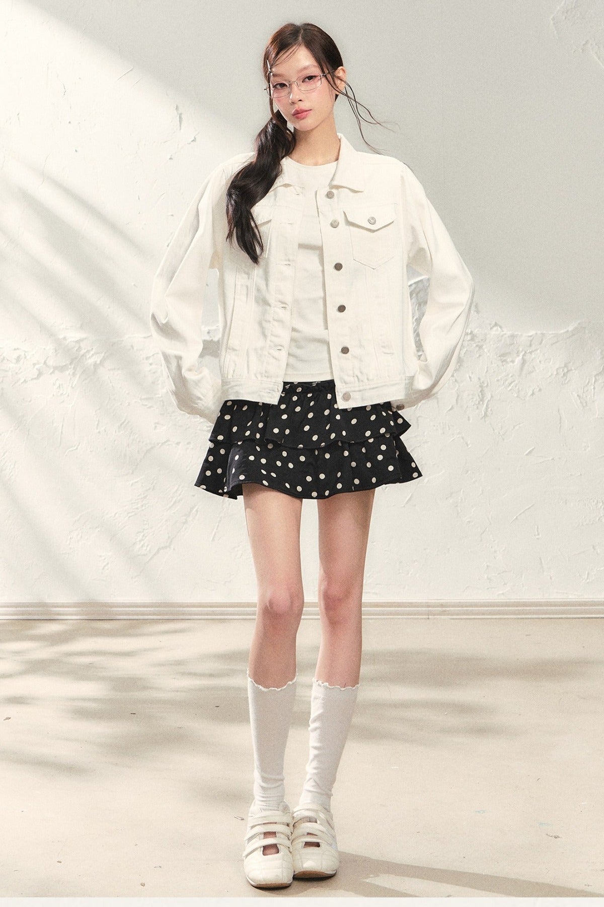 White Denim Jacket and Black Polka Skirt Set-Up