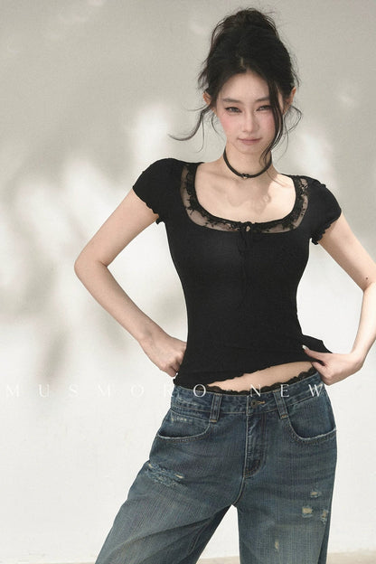 Lace Ruffle Short Sleeve Top