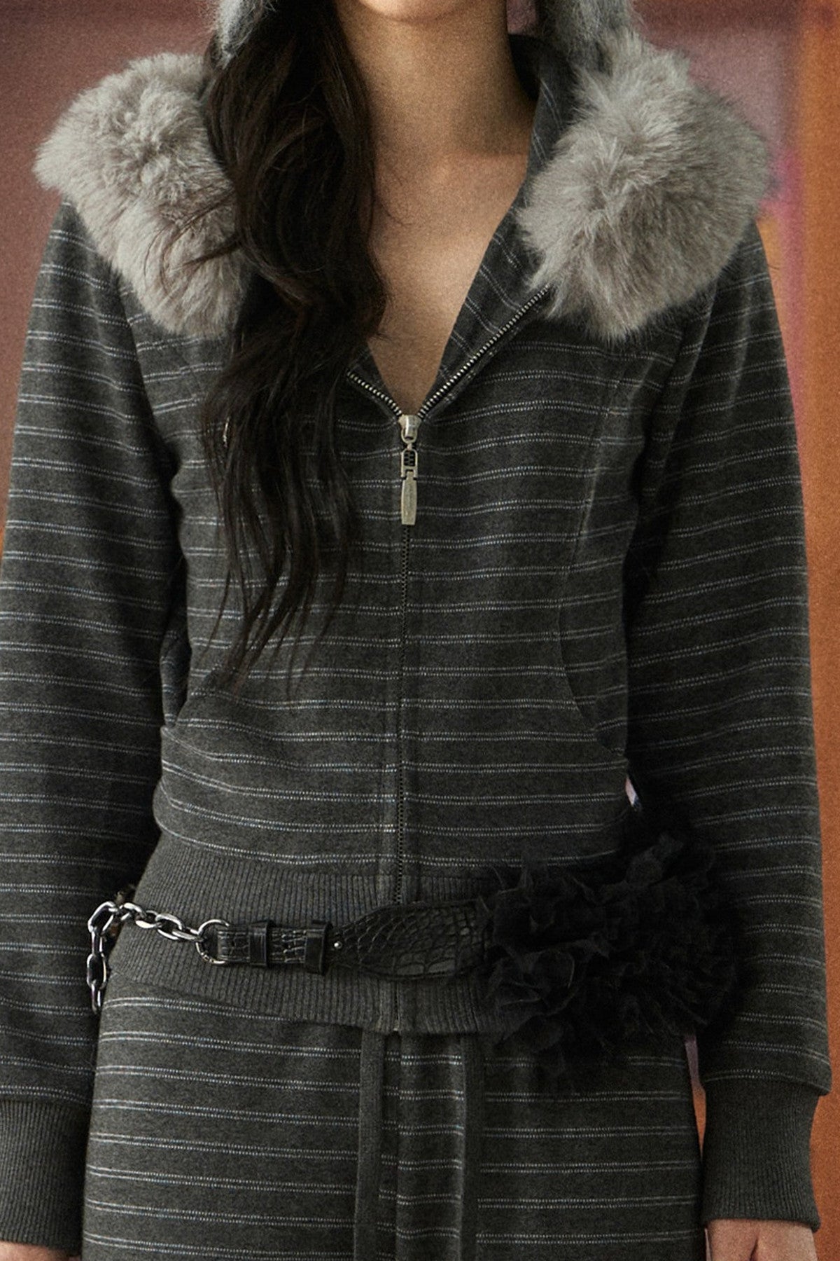 Striped Fur Collar Hooded Sweatshirt and Pants Set-Up