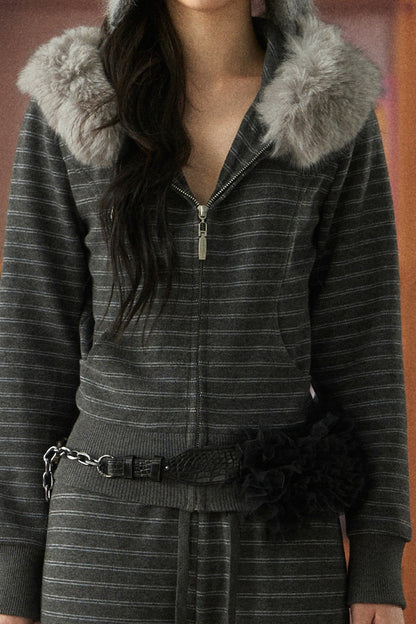 Striped Fur Collar Hooded Sweatshirt and Pants Set-Up
