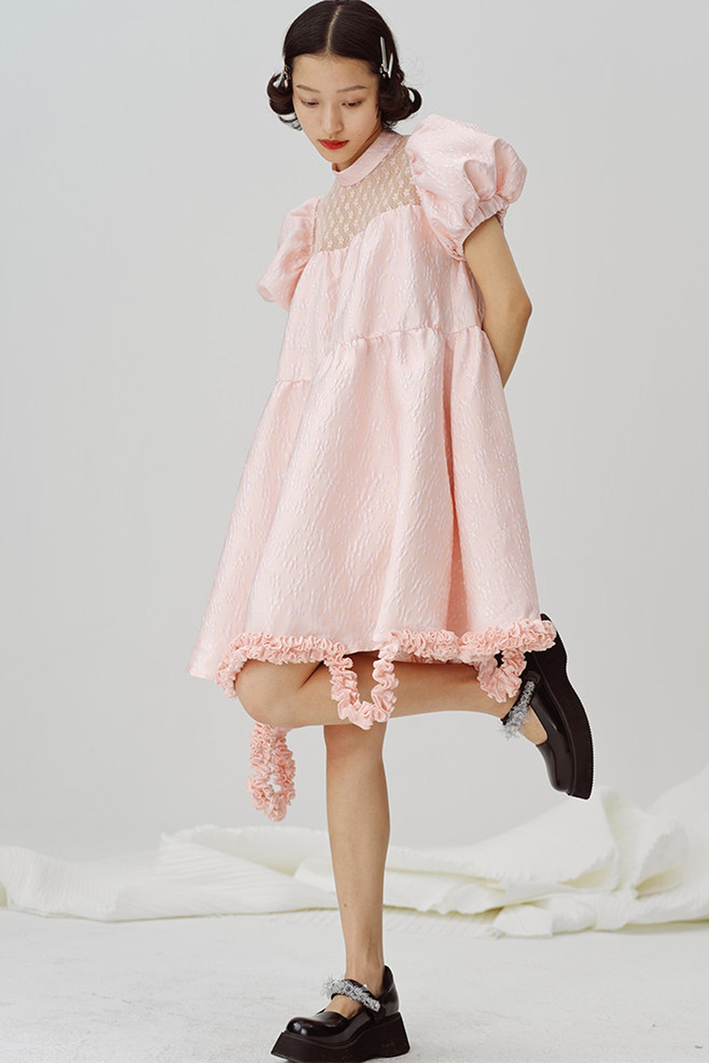 Lace Patchwork Puff Sleeve A-Line Dress