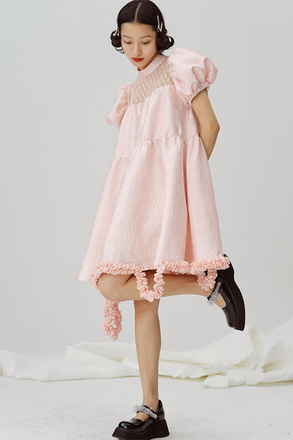 Lace Patchwork Puff Sleeve A-Line Dress
