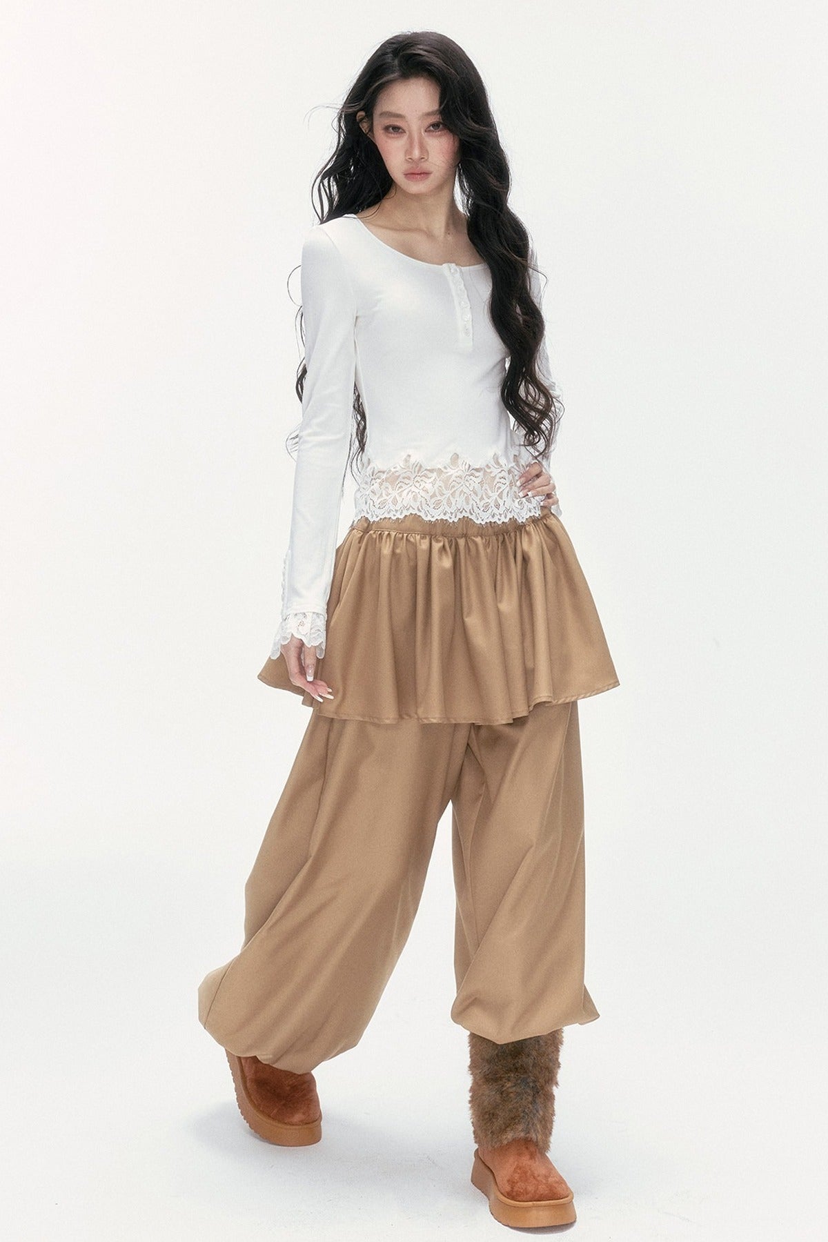 Asymmetrical Lace Henley Long-Sleeved Shirt