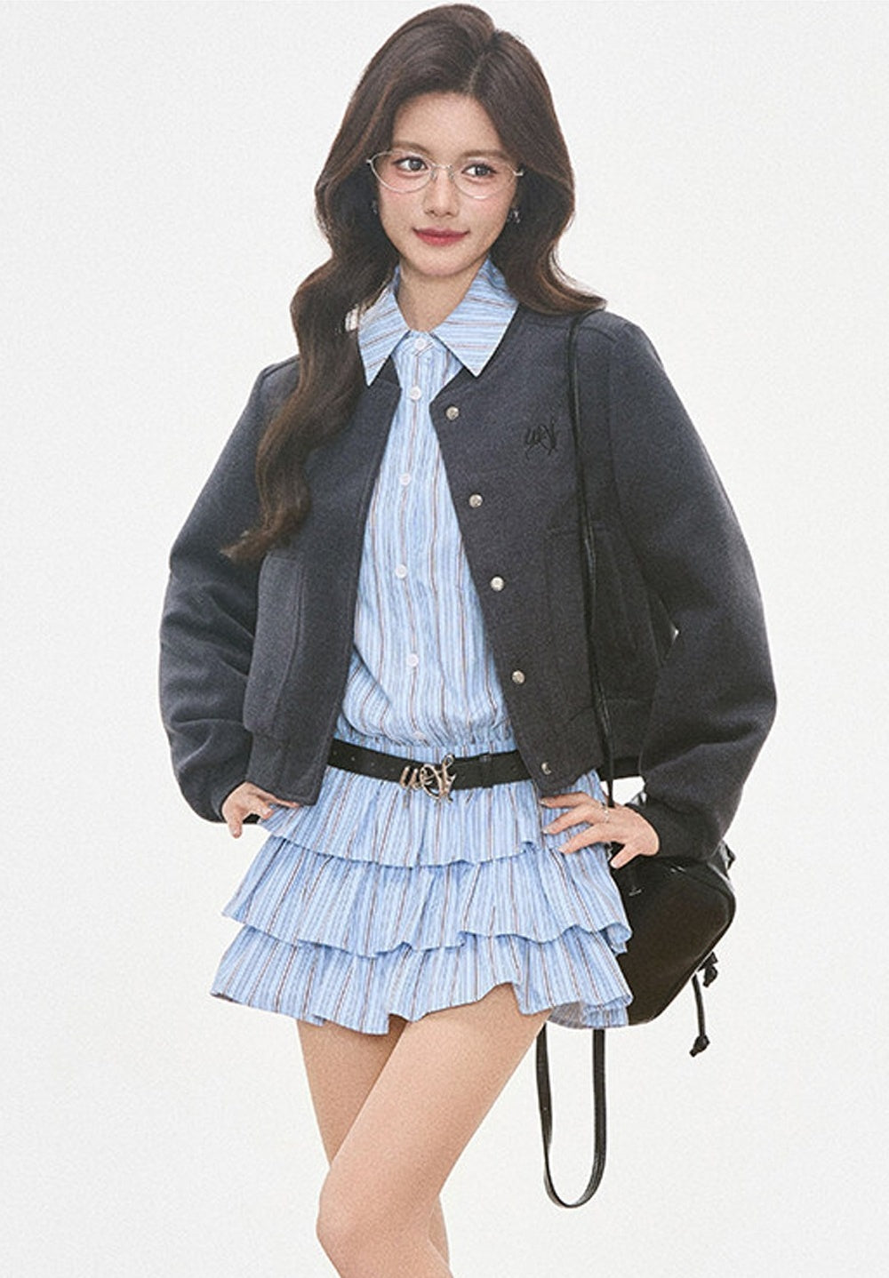 Woolen Baseball Jacket with Tiered Shirt Dress Set-Up