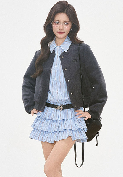 Woolen Baseball Jacket with Tiered Shirt Dress Set-Up