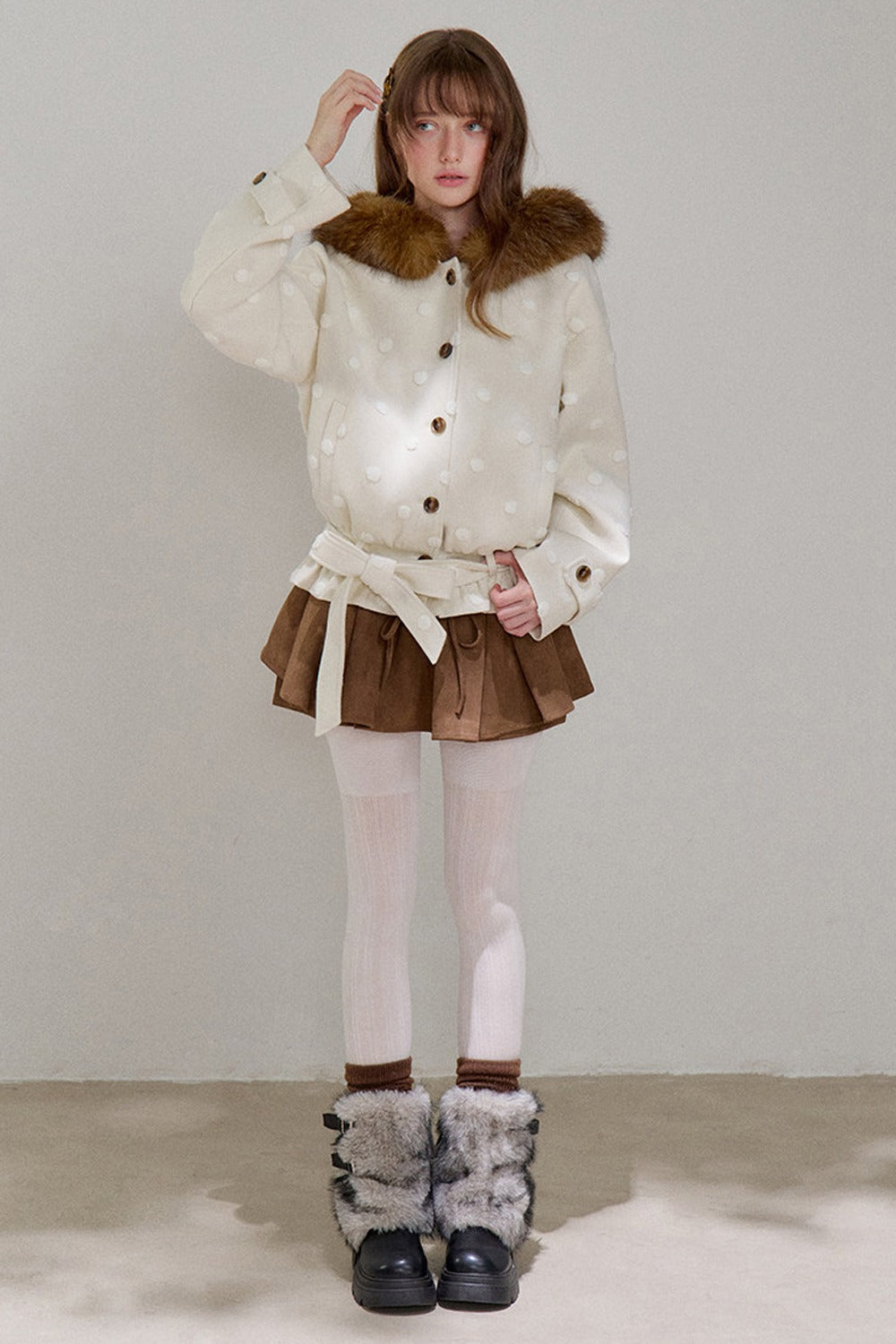 Petite Polka Dot Hooded Fur Coat