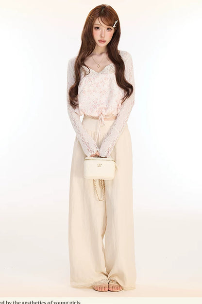 Conjunto de cárdigan, camisola y pantalones de encaje floral