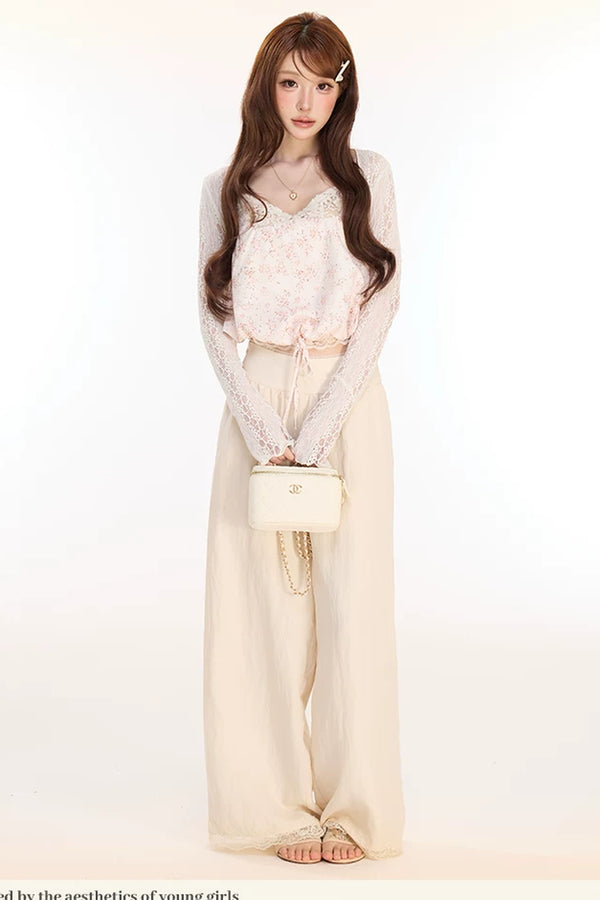 Conjunto de cárdigan, camisola y pantalones de encaje floral