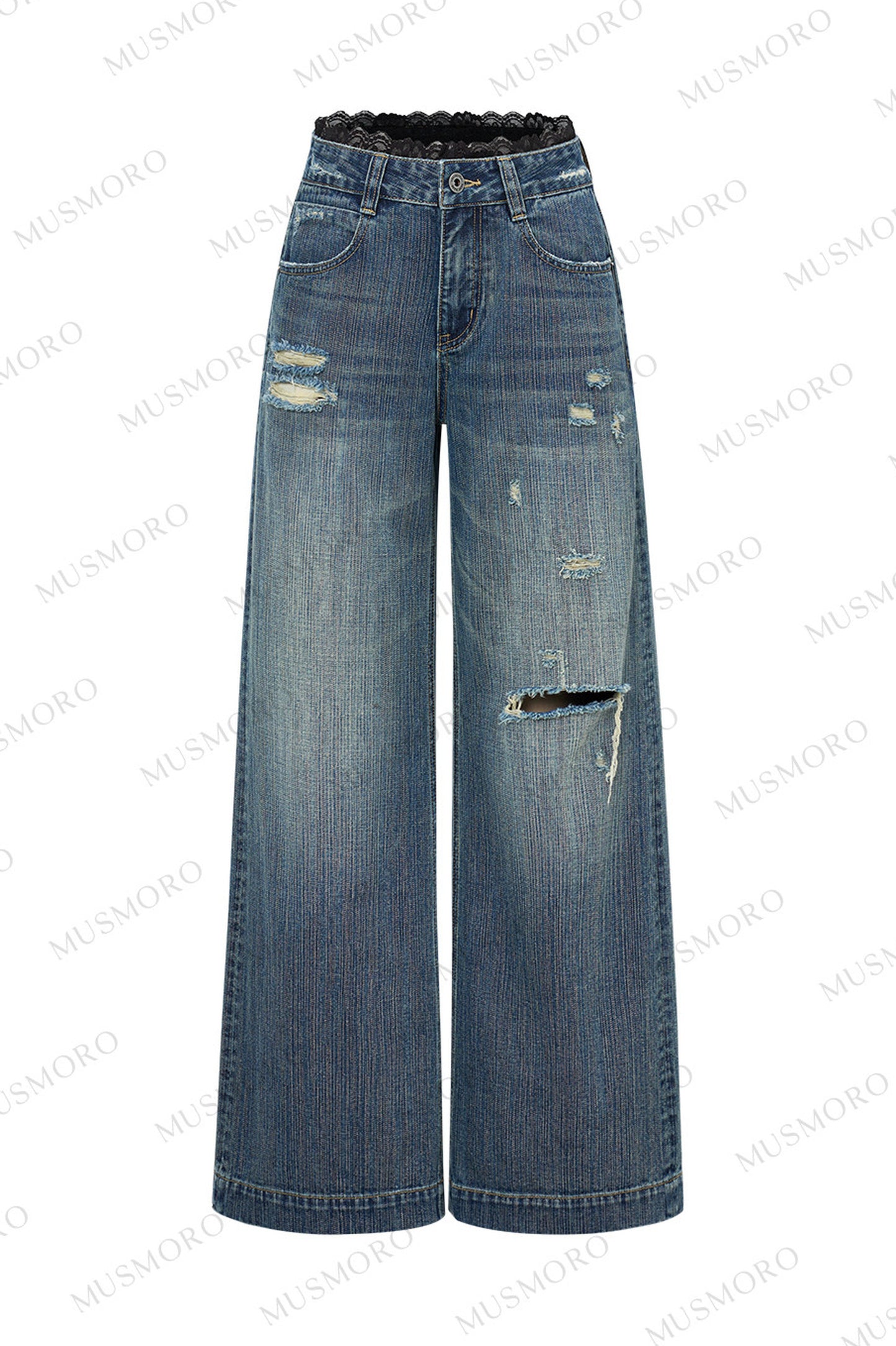 Lace Distressed Wide-Leg Jeans