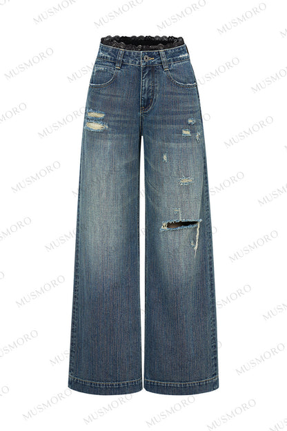 Lace Distressed Wide-Leg Jeans
